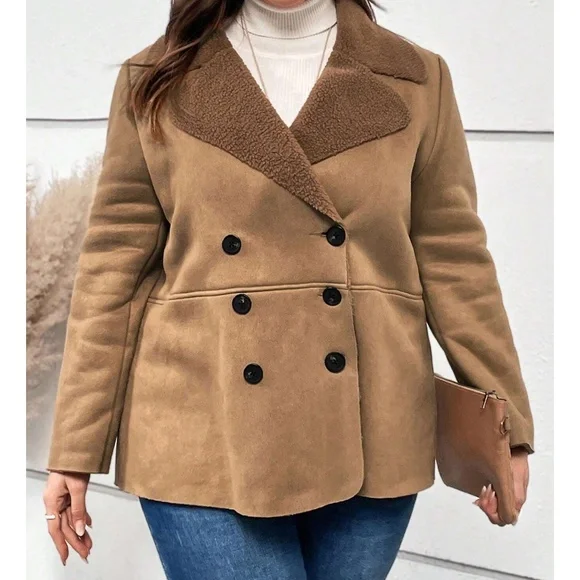 Plus Brown Khaki Teddy Lined button Jacket Coat - Picture 3 of 4